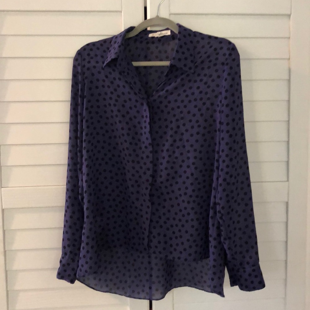 BCBGeneration SHEER NAVY + BLACK POLKA DOT BLOUSE